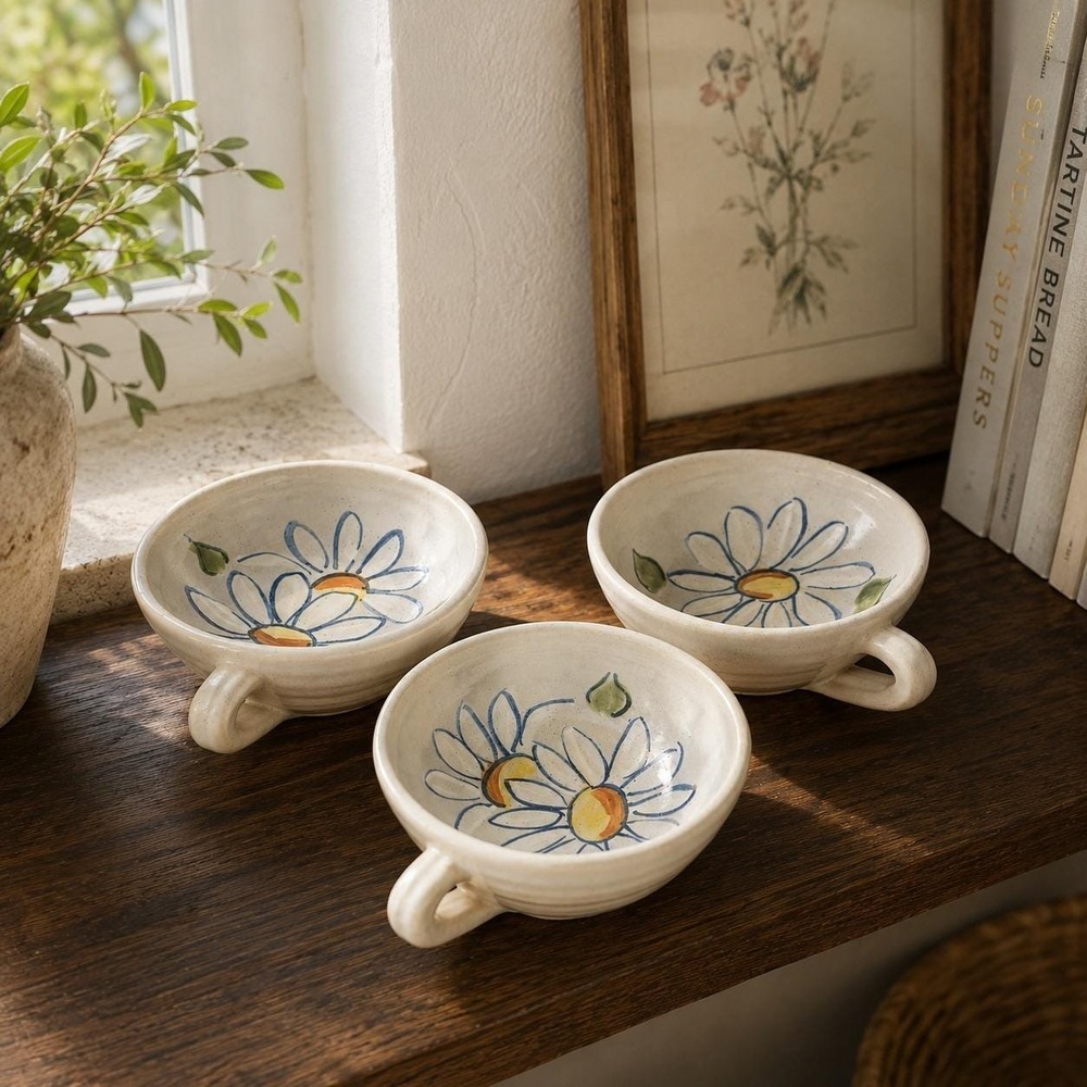 Louisville Stoneware Daisy Soup Mugs Set of 3 – Hand Painted Kentucky Pottery